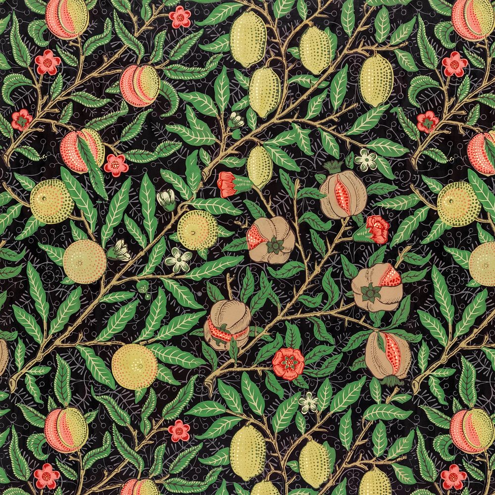 William Morris's vintage pomegranate and flowers on branches pattern illustration, remix from the original artwork