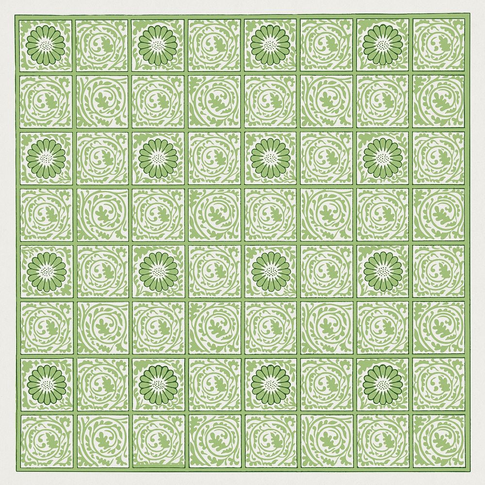William Morris's vintage squared green flower pattern illustration psd, remix from the original artwork