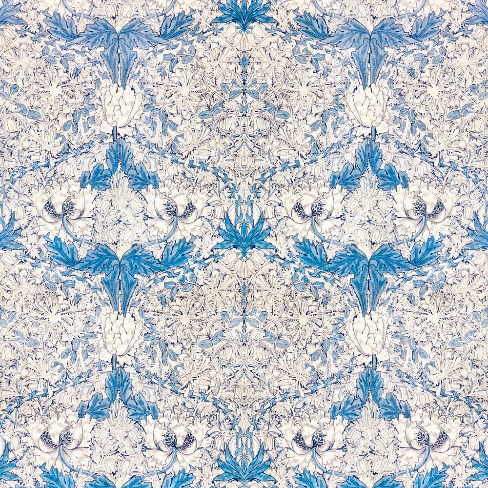 William Morris's vintage white poppy flower with blue leaves famous pattern vector, remix from the original artwork