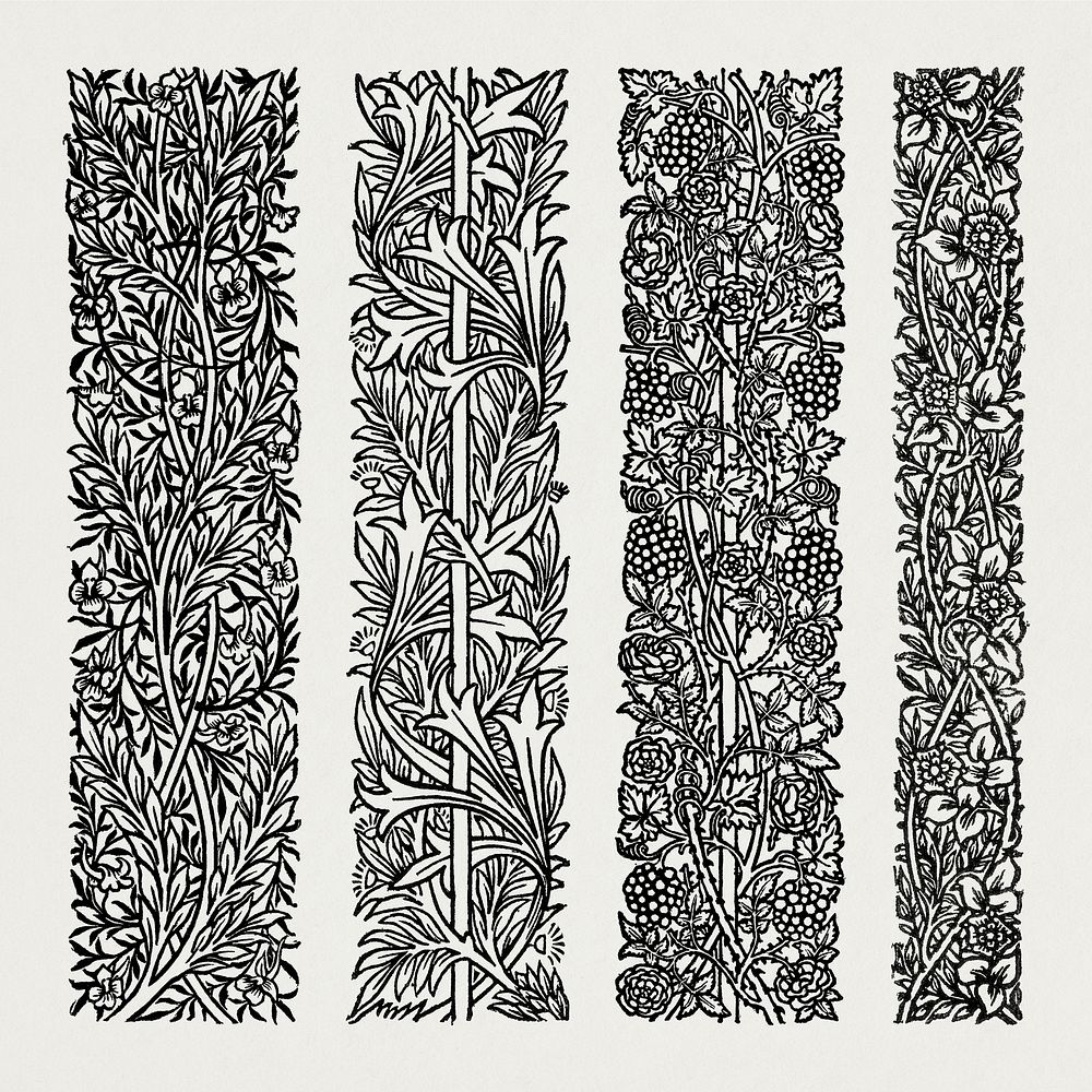 William Morris's vintage black and white foliage and flower ornament design element set illustration, remix from the…