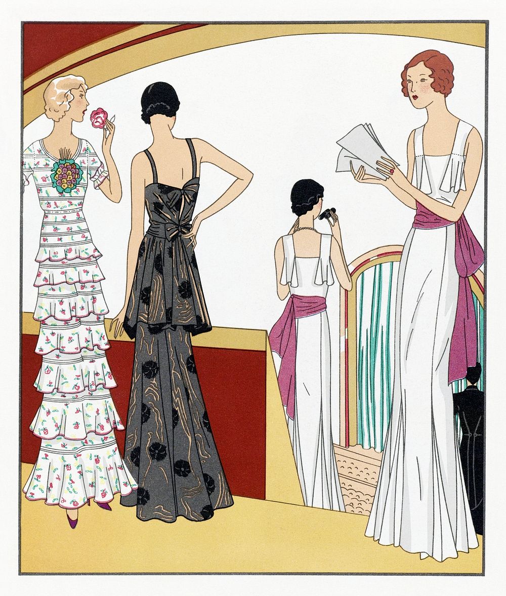 Evening dresses (1931) fashion illustration in high resolution by Giraud (modehuis), Mirande and Fairyland. Original from…
