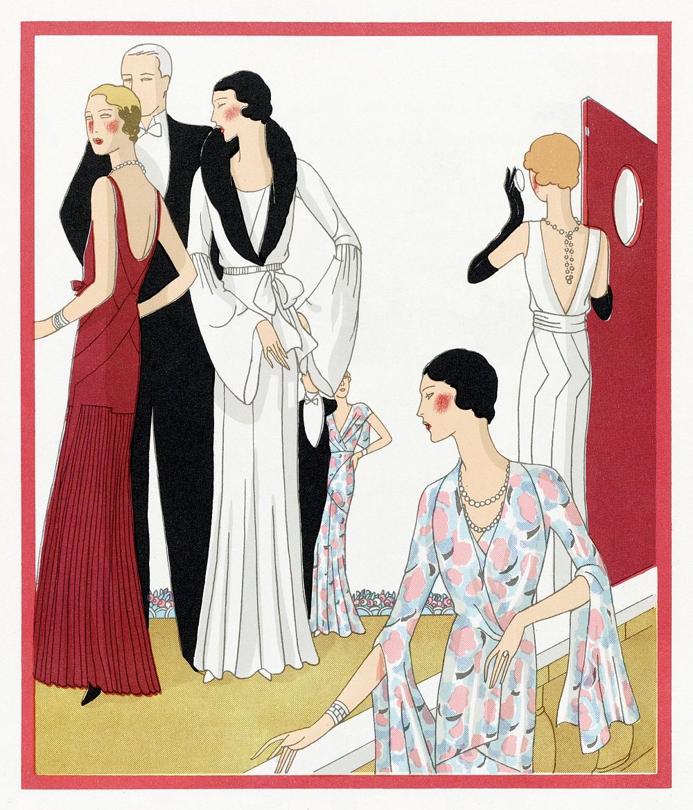 Enkele vrouwen en een heer in een tuin (1931) fashion illustration in high resolution by Augusta Bernard, Bernard et Cie and…