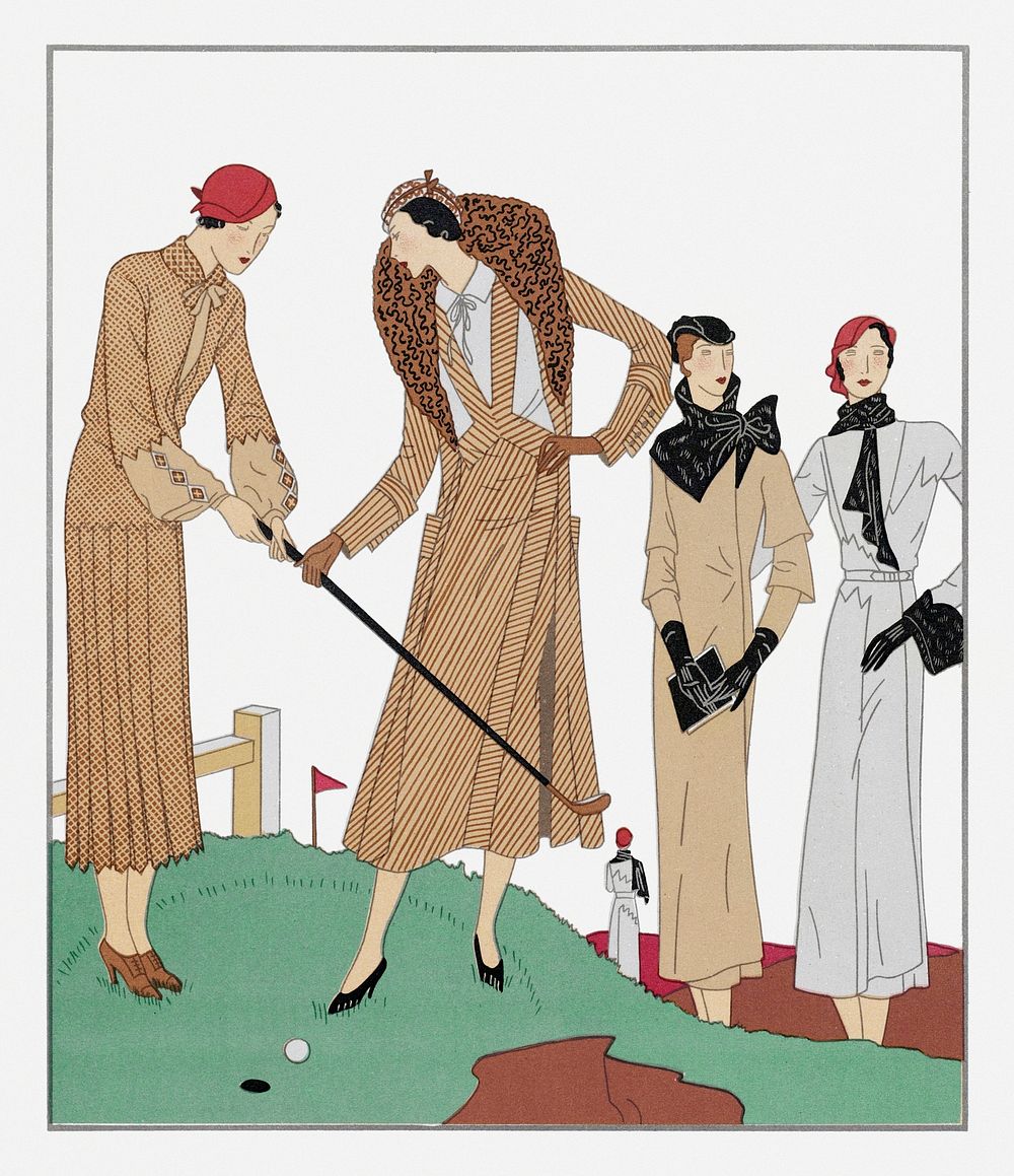 Four women on a golf course (1931) fashion illustration in high resolution by Martial et Armand and Redfern. Original from…