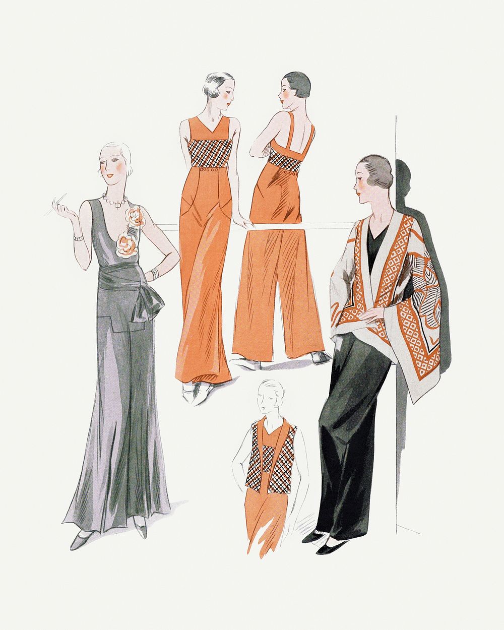 Five women (1931) fashion illustration in high resolution by Christiane and Dupouy-Magnin. Original from the Rijksmuseum.…