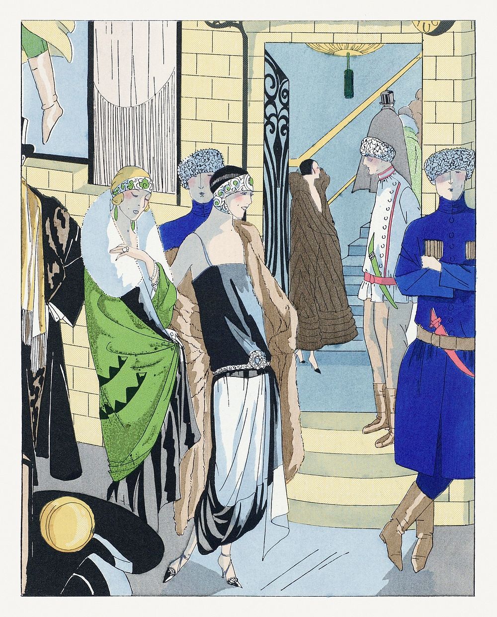 Some women in creations, standing in front of a theater (1924) fashion illustration in high resolution by Paul Poiret and…
