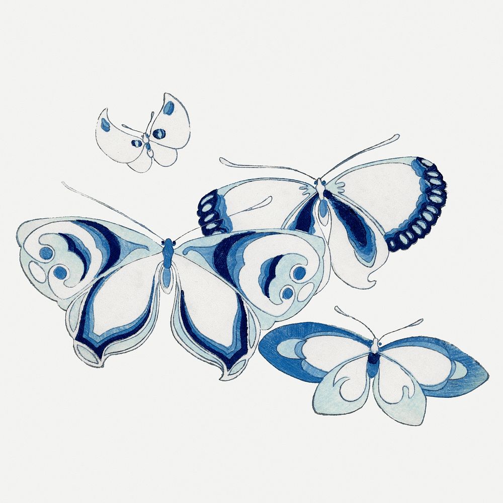 Blue butterfly, Japanese hand drawn, vintage illustration psd