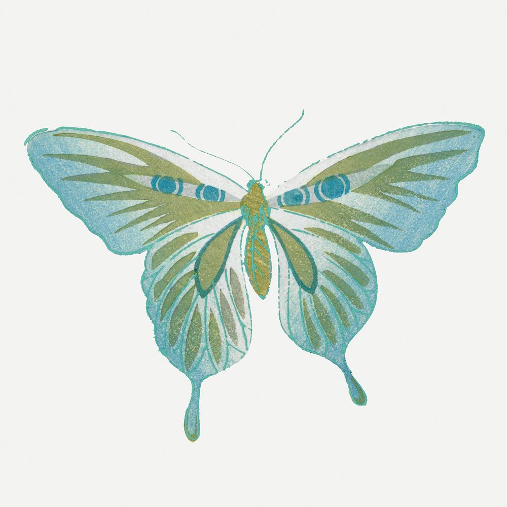 Green butterfly, Japanese hand drawn, vintage illustration psd