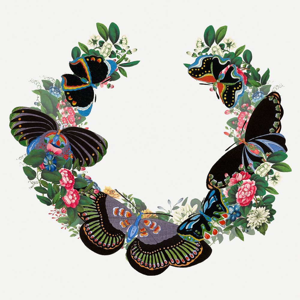 Vintage butterfly wreath, Japanese style illustration psd