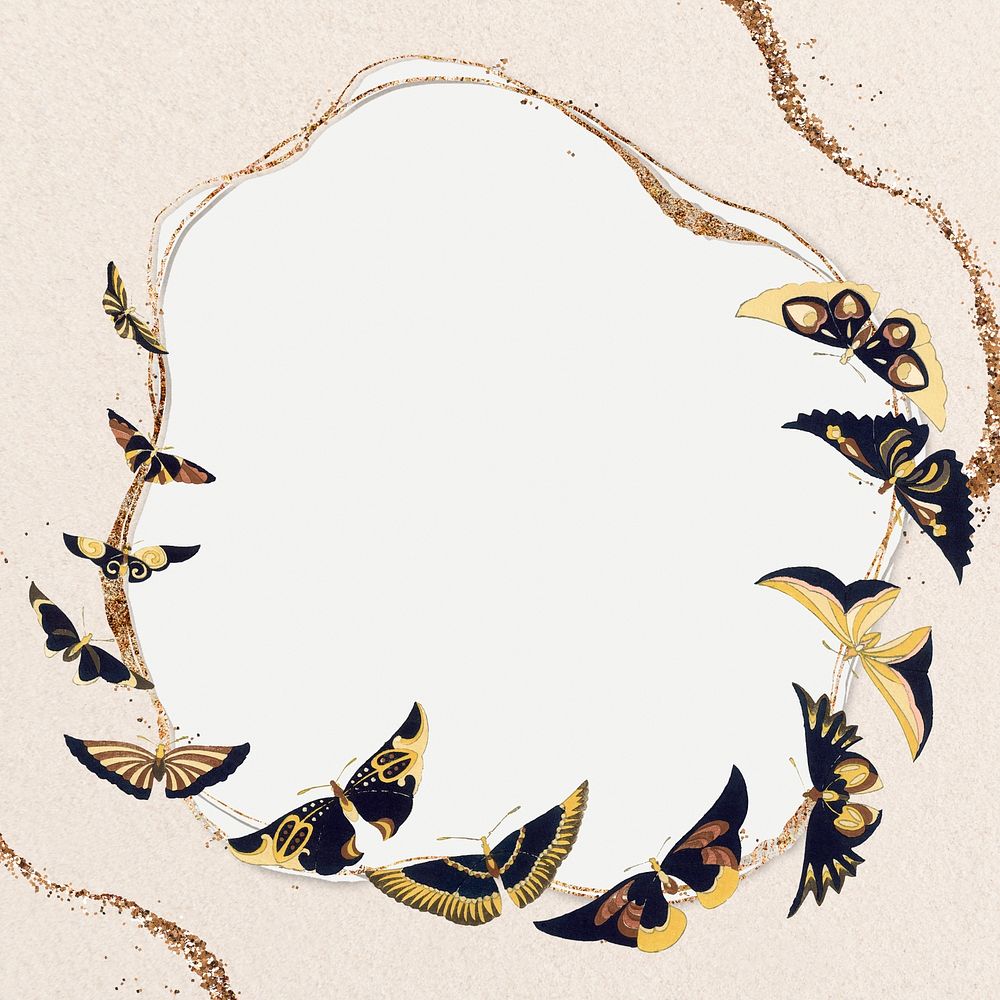 Aesthetic butterfly frame background, gold glitter design psd