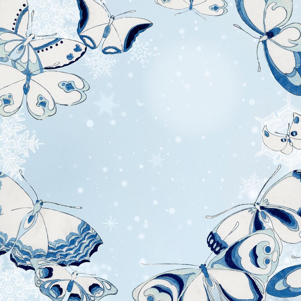 Snow butterfly frame background, blue watercolor design psd