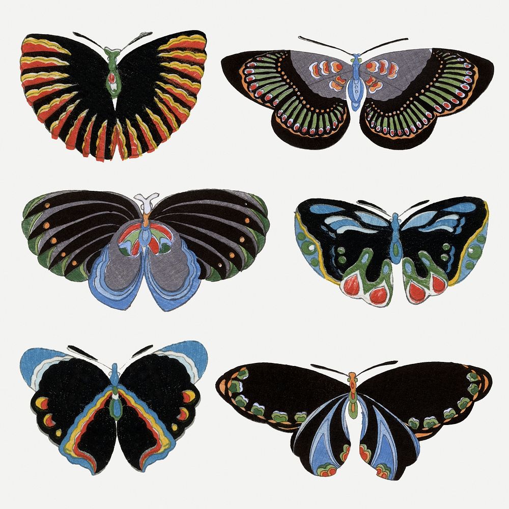 Moth collage element, Japanese woodcut, drawing illustration psd set