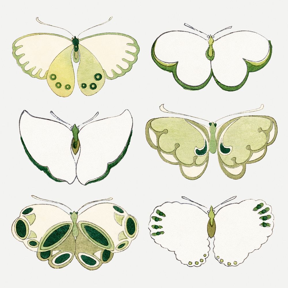 Green butterfly, Japanese woodblock, vintage illustration psd set