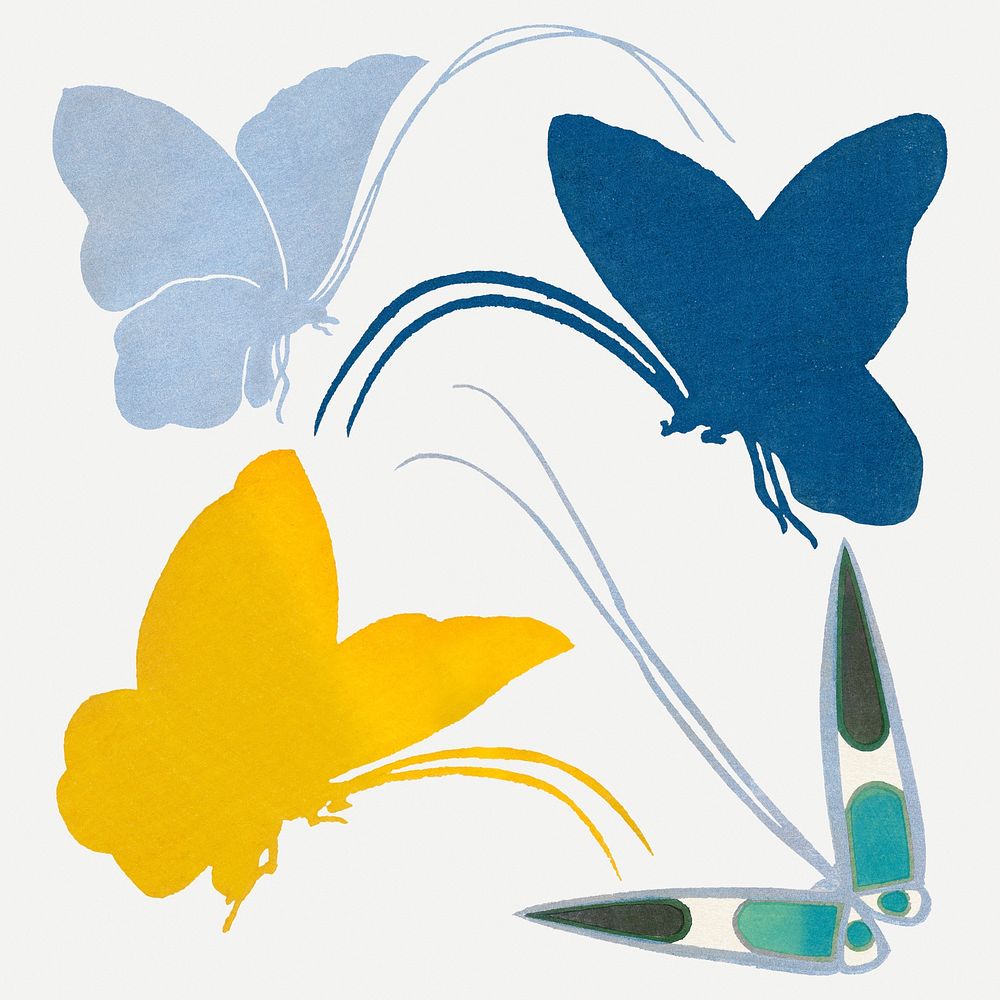 Butterfly, Japanese watercolor, vintage illustration psd set