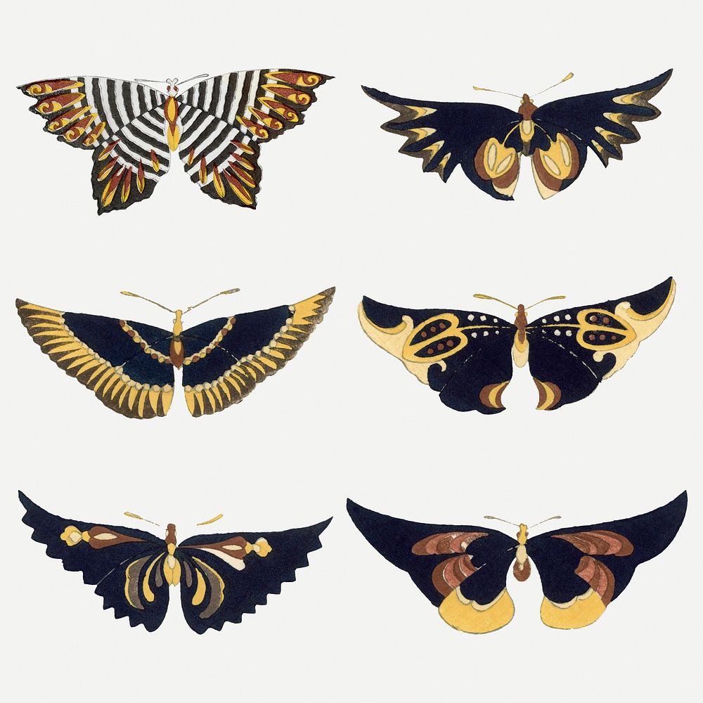 Butterfly collage element, Japanese hand drawn, vintage illustration psd set