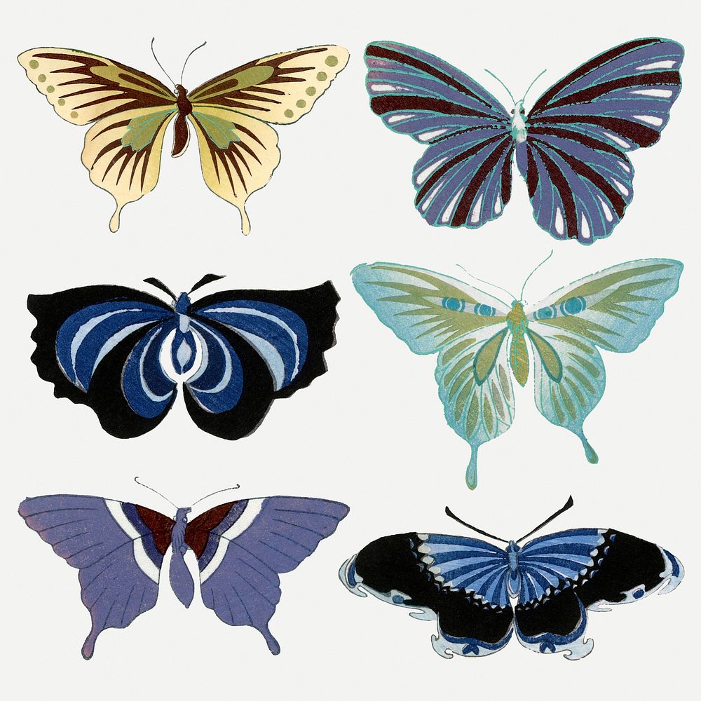 Colorful butterfly collage element, Japanese vintage illustration psd set