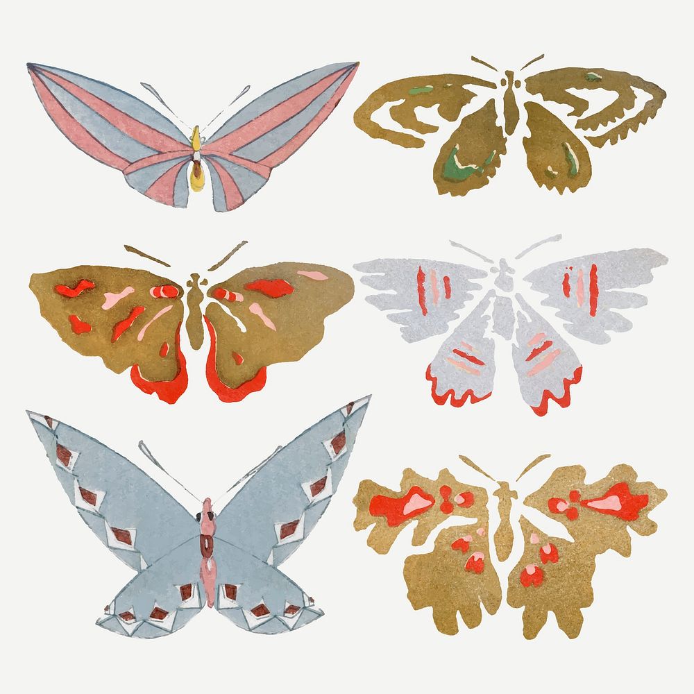 Japanese woodblock butterfly collage element, drawing illustration vector set