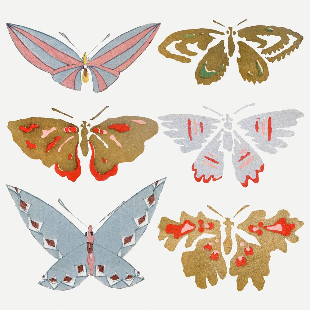 Japanese woodblock butterfly collage element, drawing illustration psd set