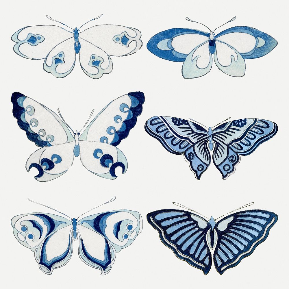 Blue butterfly, Japanese woodblock, vintage illustration psd set