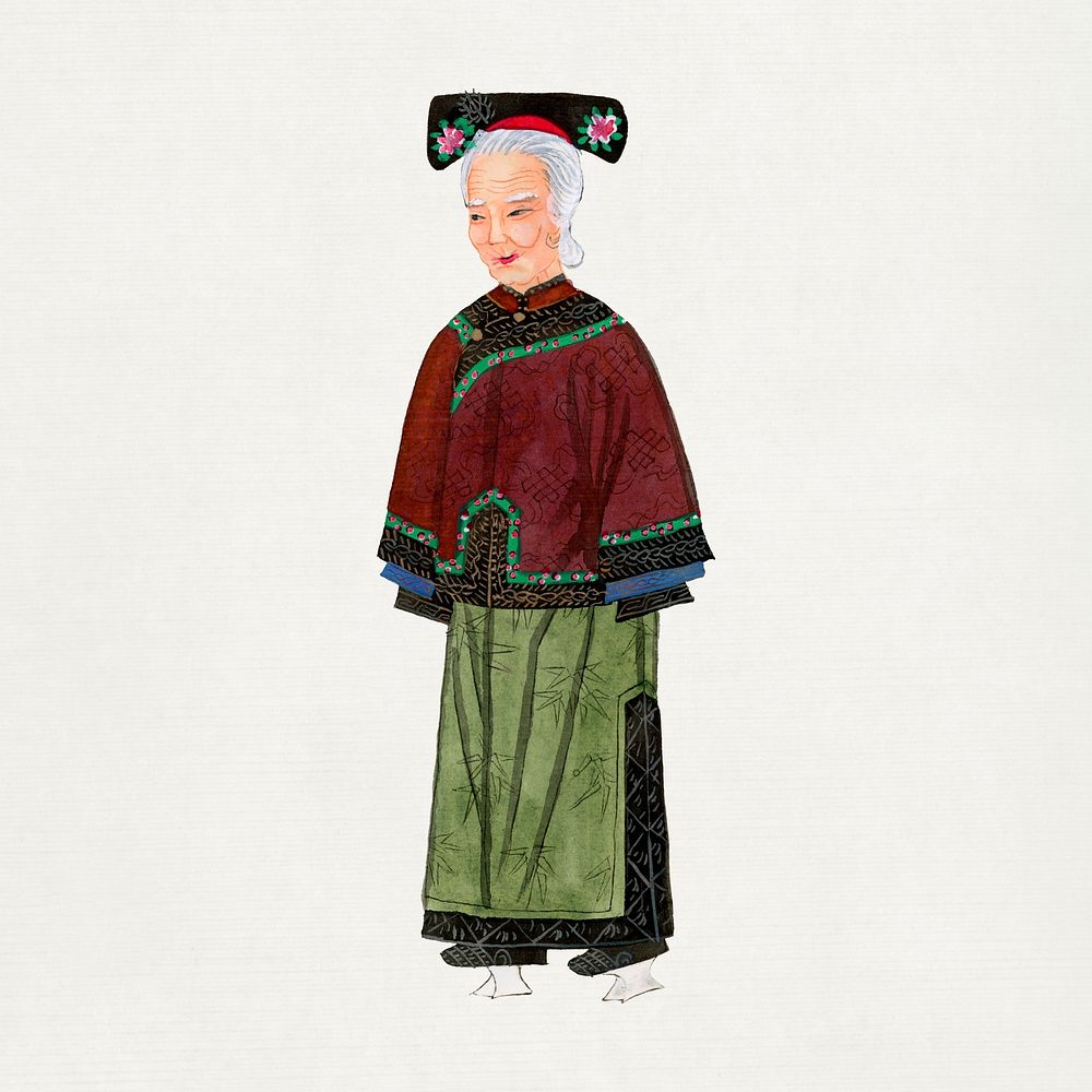 Old lady in light green embroidered silk costume psd