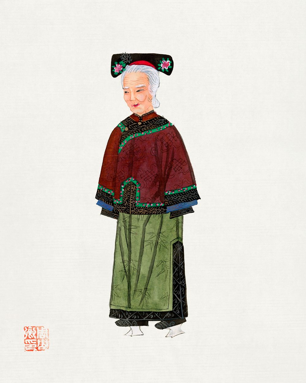 Old lady in light green embroidered silk costume illustration. Digitally enhanced from our own edition of Chinese Costumes…