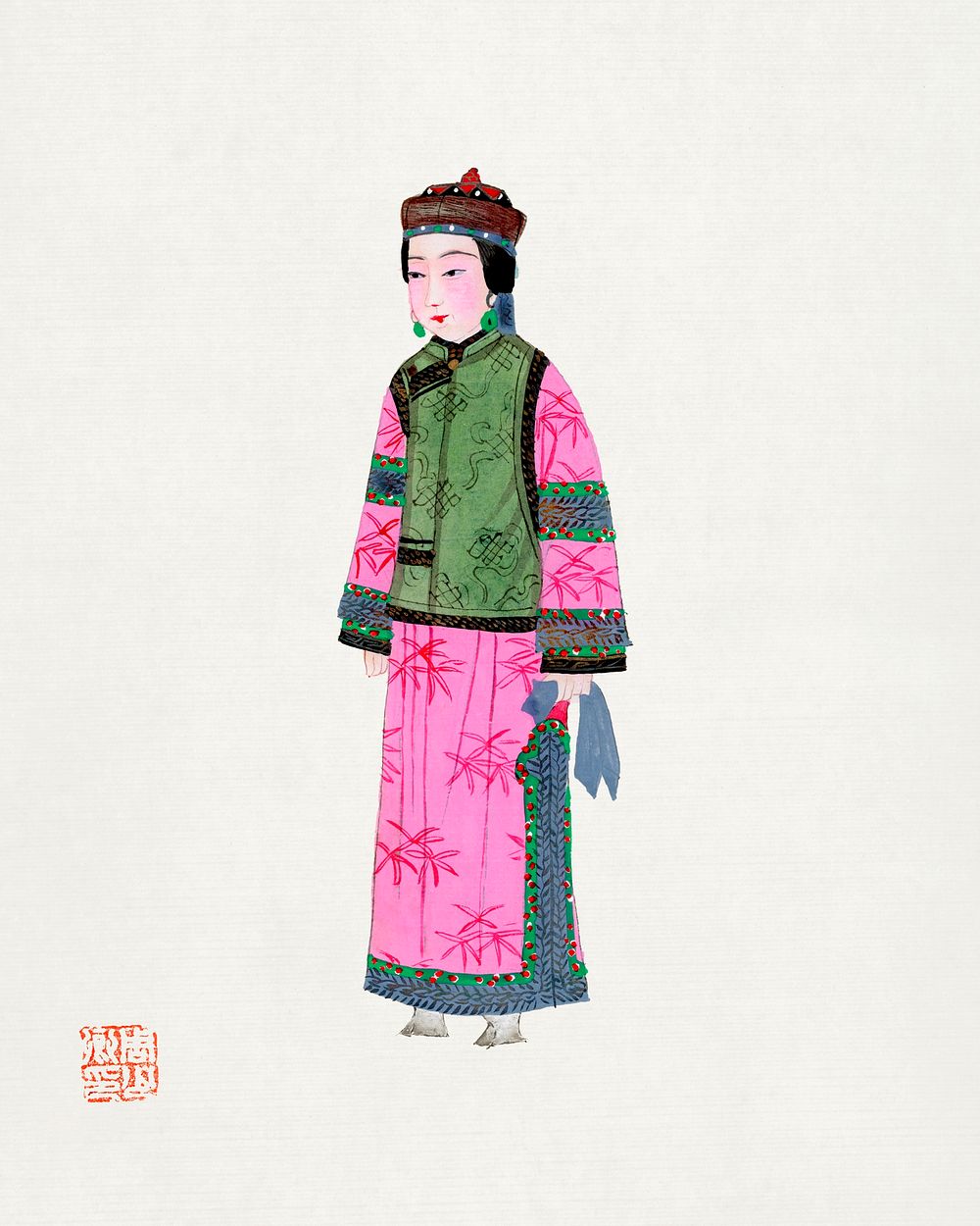 Lady in dress with winter hat illustration. Digitally enhanced from our own edition of Chinese Costumes (1932). 