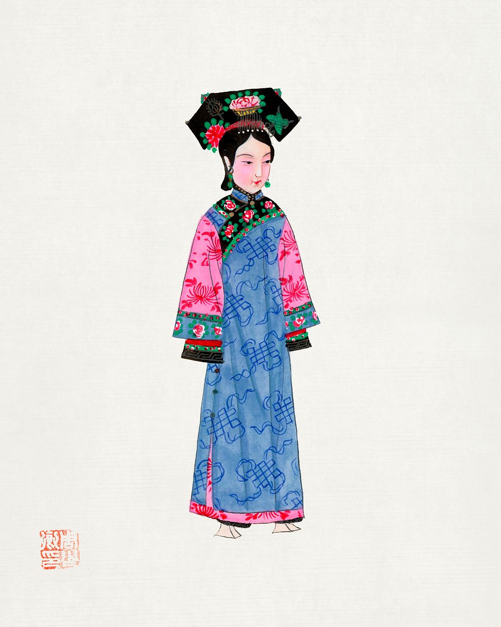 Rich woman in non official costume illustration. Digitally enhanced from our own edition of Chinese Costumes (1932). 