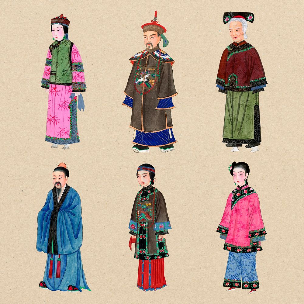 Qing dynasty Chinese costume sticker collection, traditional design psd set