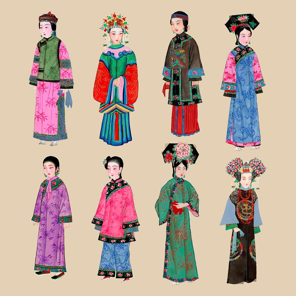 Qing dynasty Chinese costume sticker collection, traditional design vector set
