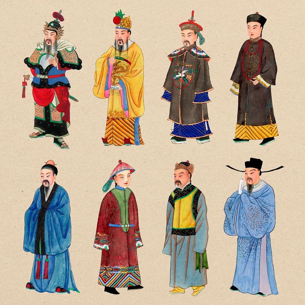 Qing dynasty Chinese costume stickers, traditional design psd set