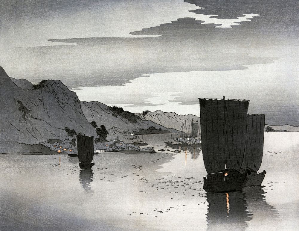 Yūgure no hansen (1900&ndash;1915) by Ohara Koson. Original from The Clark Art Institute. Digitally enhanced by rawpixel.