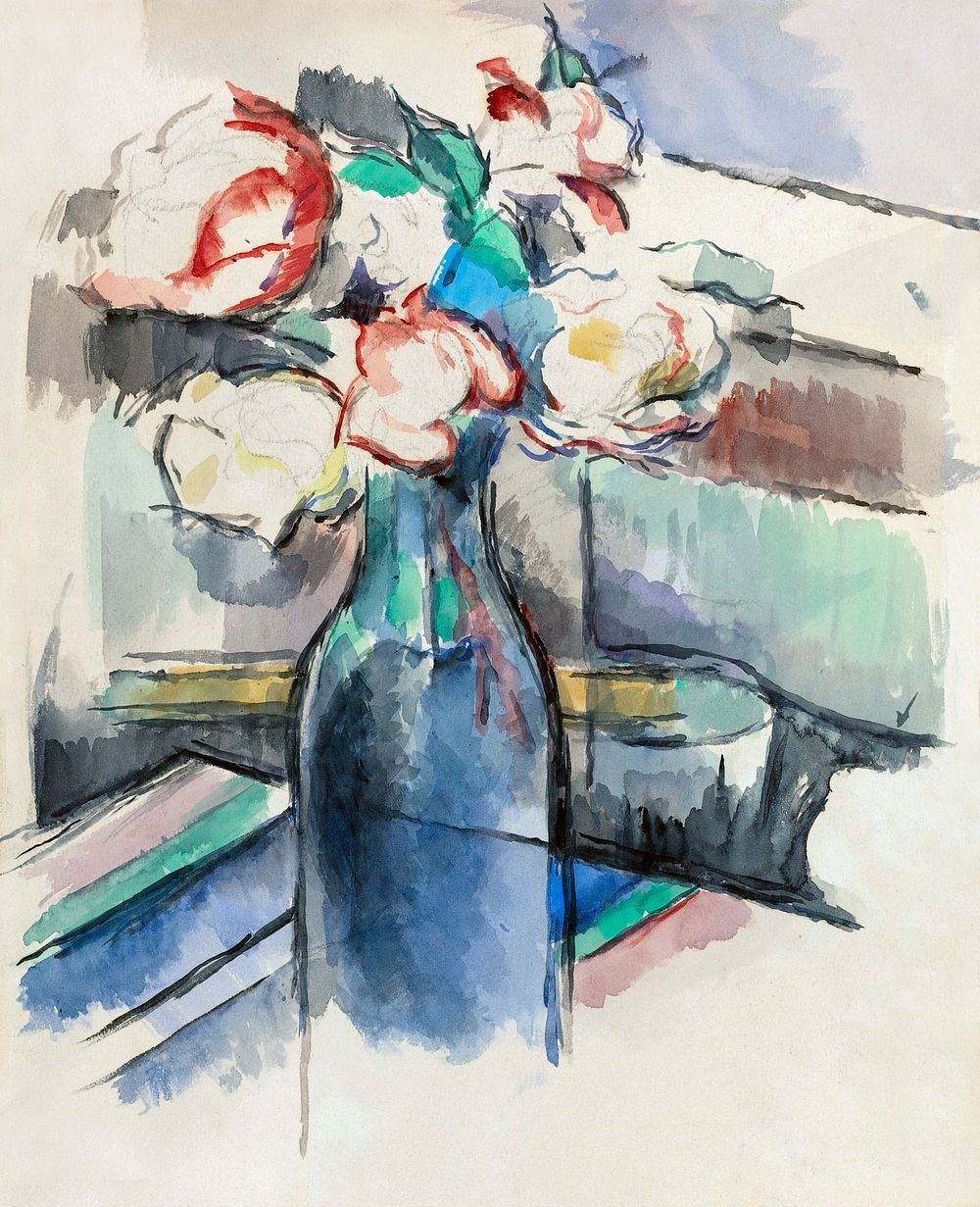 Paul C&eacute;zanne's Roses in a Bottle (1900-1904) still life painting. Original from the National Gallery of Art.…