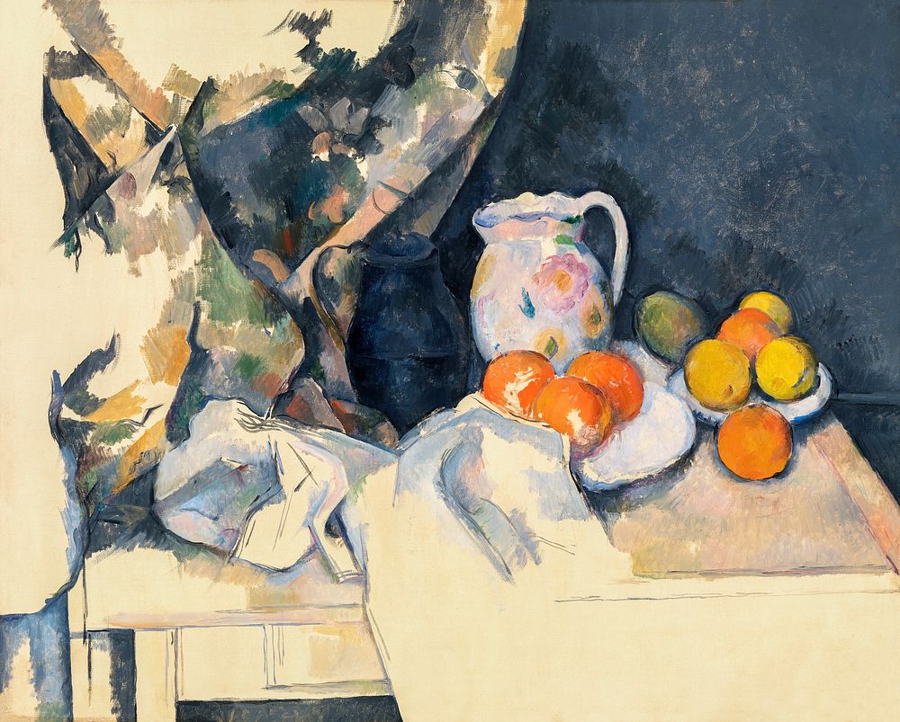 Paul C&eacute;zanne's Curtain and Fruit (1898) still life painting. Original from Barnes Foundation. Digitally enhanced by…
