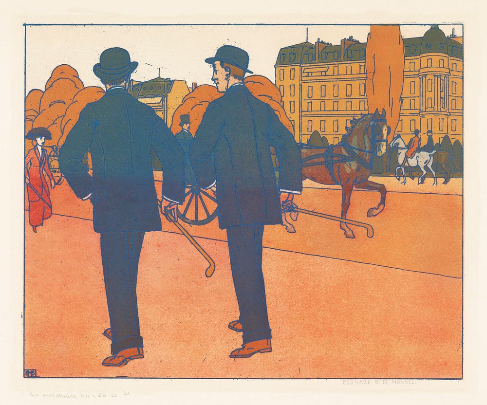 Twee wandelende mannen met bolhoed print in high resolution by Bernard Boutet de Monvel (1881-1949). Original from The…