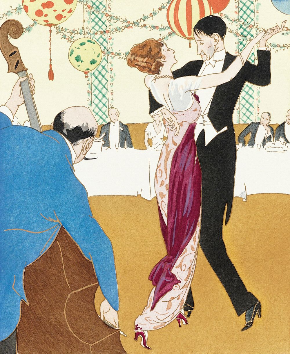Couple dancing together illustration, remixed from vintage illustration published in Gazette du Bon Ton