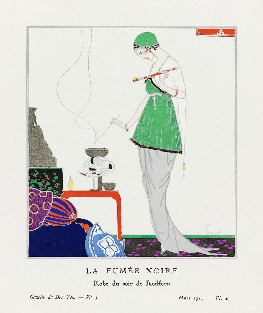 La fum&eacute;e noire (1914) fashion plate in high resolution by Ludwik Strimpl, published in Gazette de Bon Ton. Original…