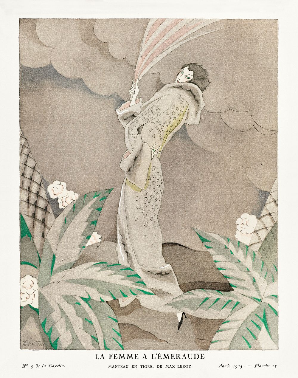 La femme a l'&eacute;meraude, Manteau en tigre, de Max-Leroy (1923)fashion plate in high resolution by Charles Martin…
