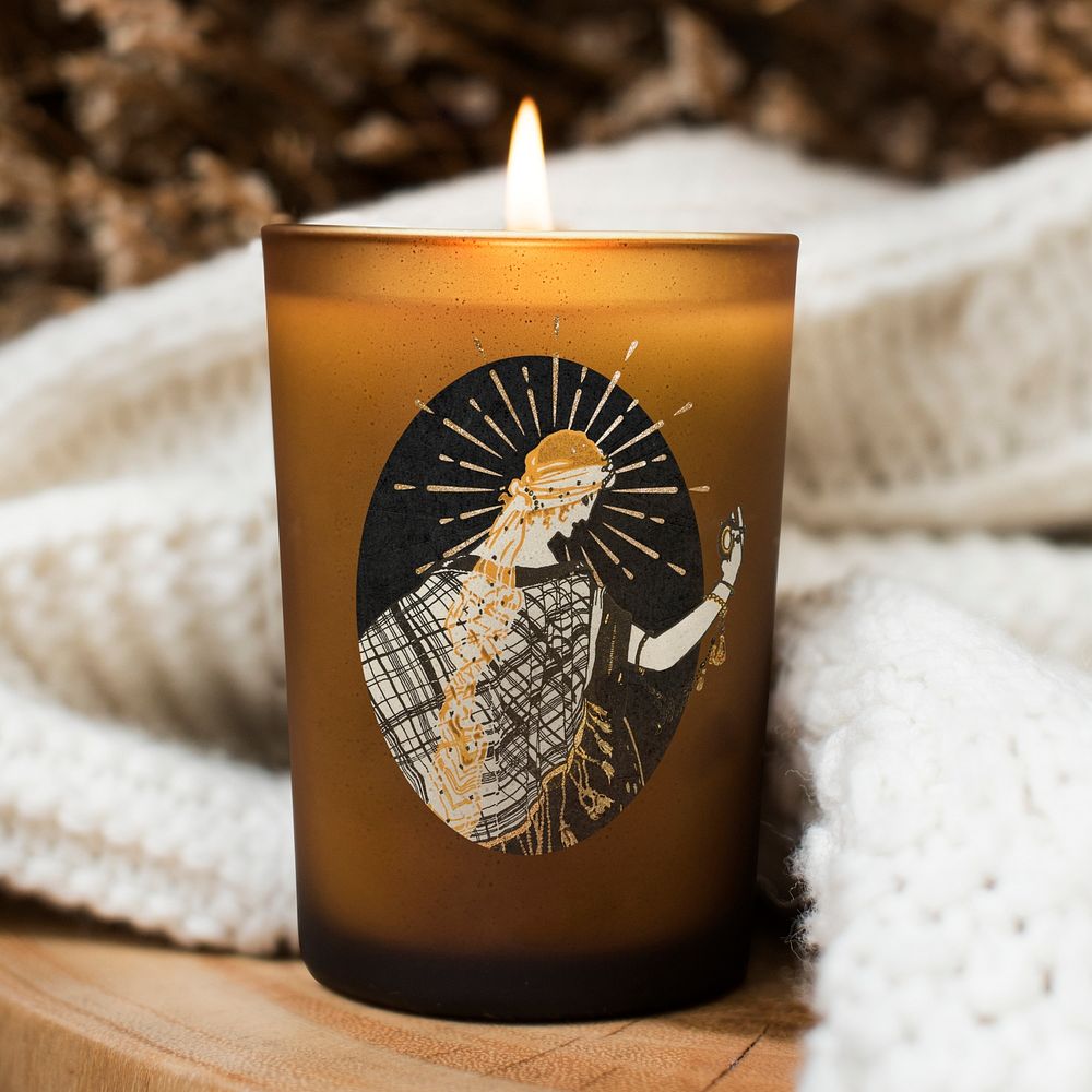Candle label psd mockup with woman illustration remix from the artworks by Garcia Calderon