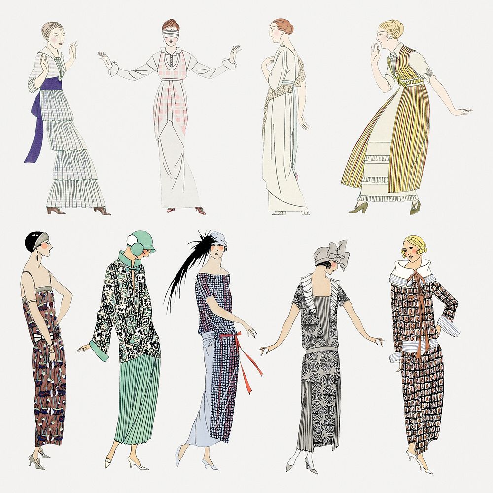 Woman psd in fashionable vintage dress, featuring public domain artworks