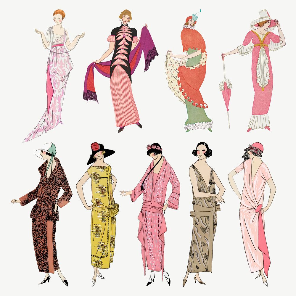 Woman vector in fashionable vintage dress, featuring public domain artworks