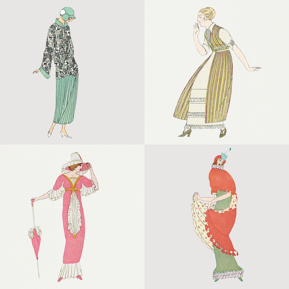Woman psd in fashionable vintage dress set, featuring public domain artworks