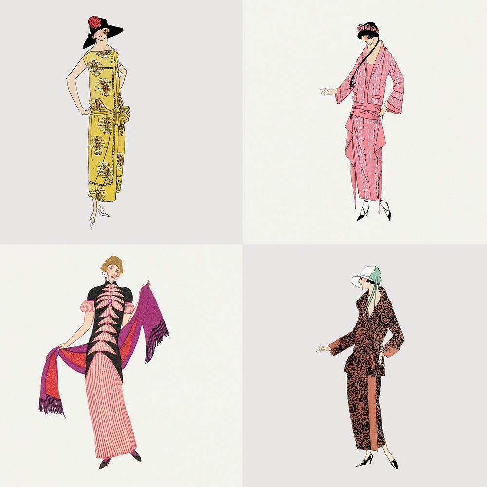 Flapper woman psd illustration set, featuring public domain artworks