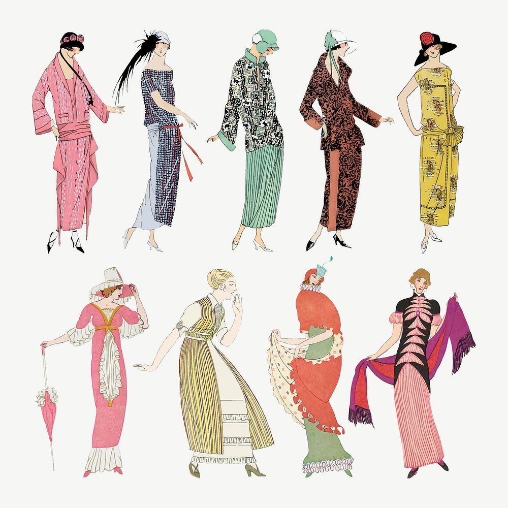 Woman vector in fashionable vintage dress set, featuring public domain artworks