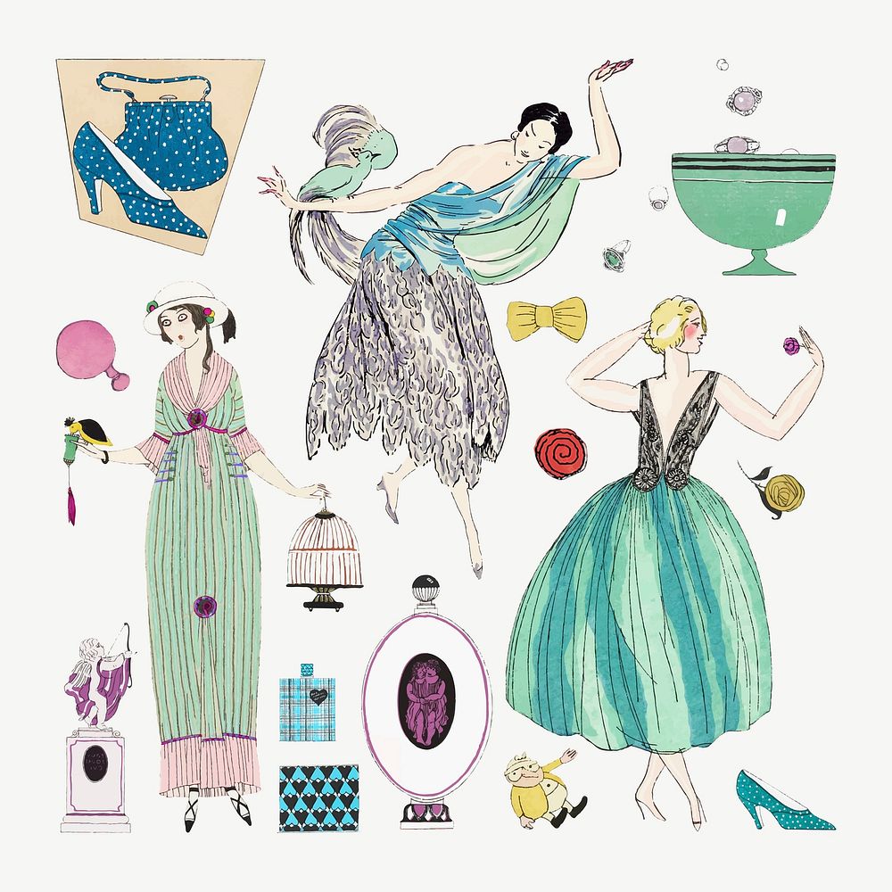 Vintage vector woman and beauty item set, featuring public domain artworks