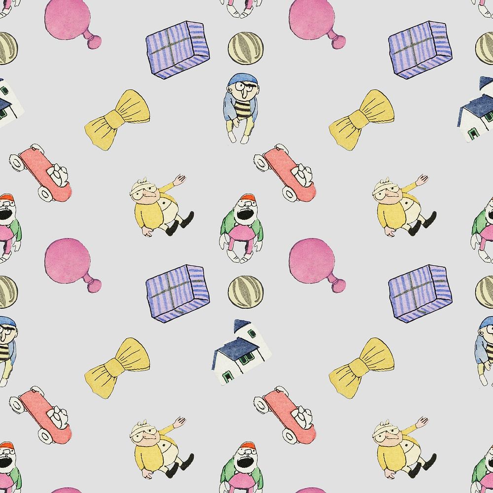 Pattern background psd featuring toys and bows, remixed from artworks by Charles Martin
