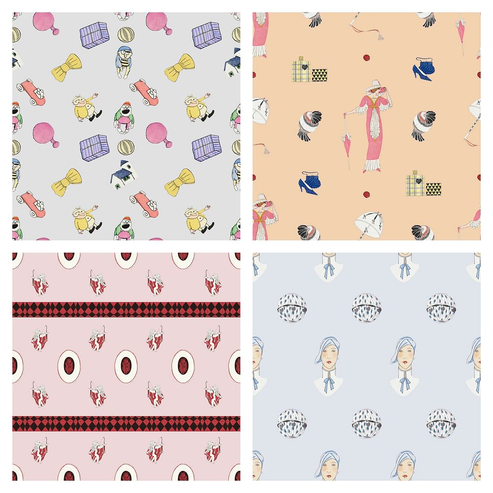 Pattern background vector with woman fashion set, featuring public domain artworks
