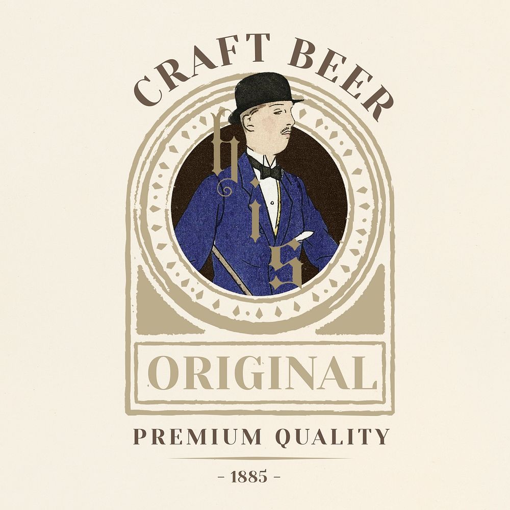 Template psd with vintage man on craft beer logo design, remixed from the artworks by Bernard Boutet de Monvel