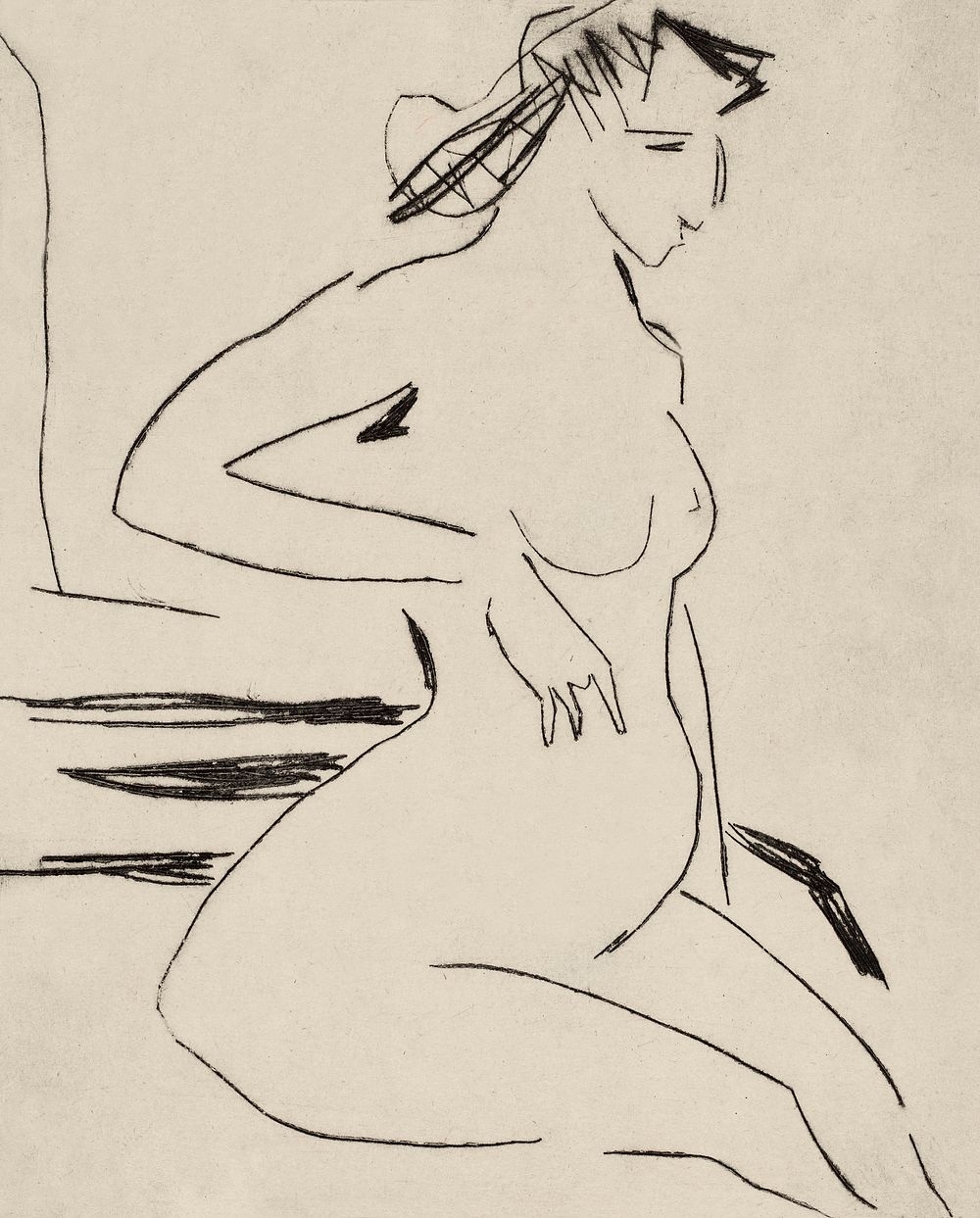 Naked woman showing her breasts, vintage erotic art. Female Nude Seated (1909) by Ernst Ludwig Kirchner. Original from The…