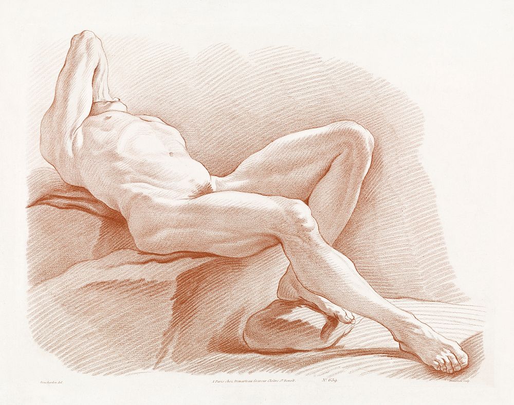 Naked man posing sexually. Liggend mannelijke naakt by Gilles Demarteau. Original from The Rijksmuseum. Digitally enhanced…