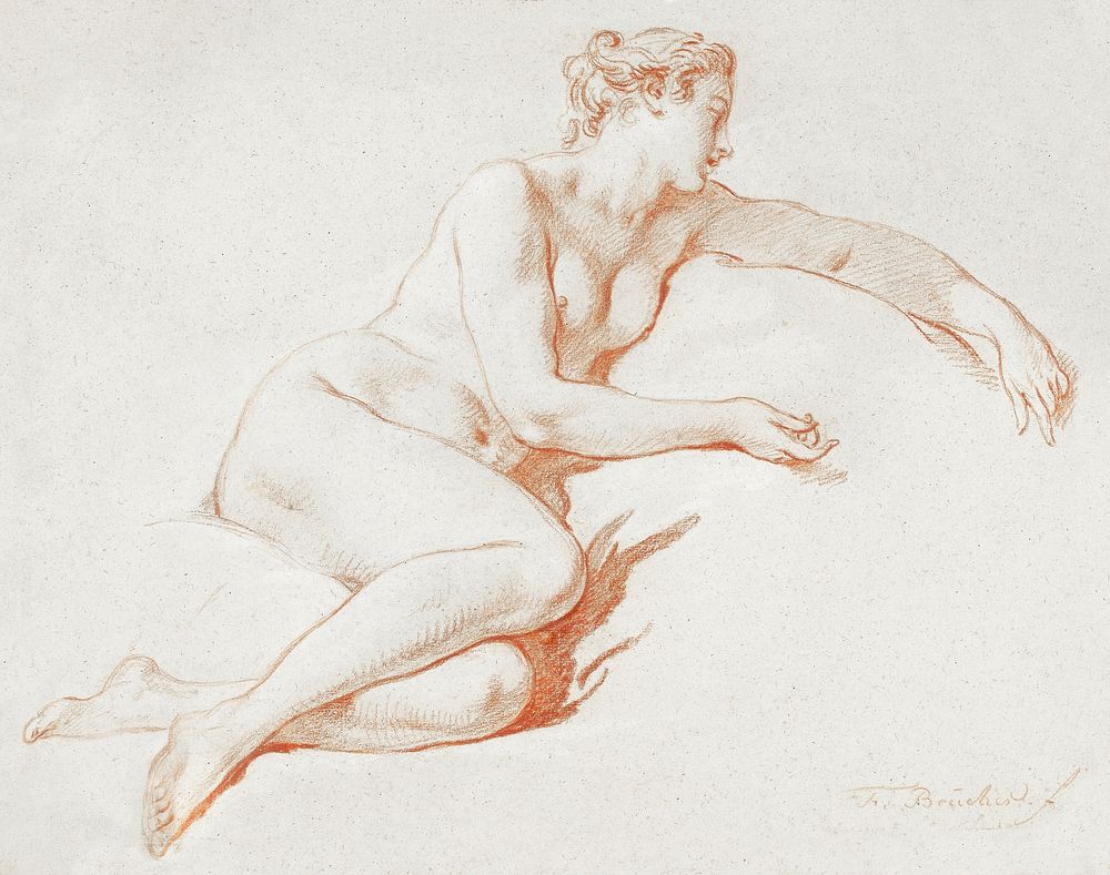 Naked woman posing sensually, vintage erotic art. Reclining Female Nude (1750 - 1760) by François Boucher. Original from The…