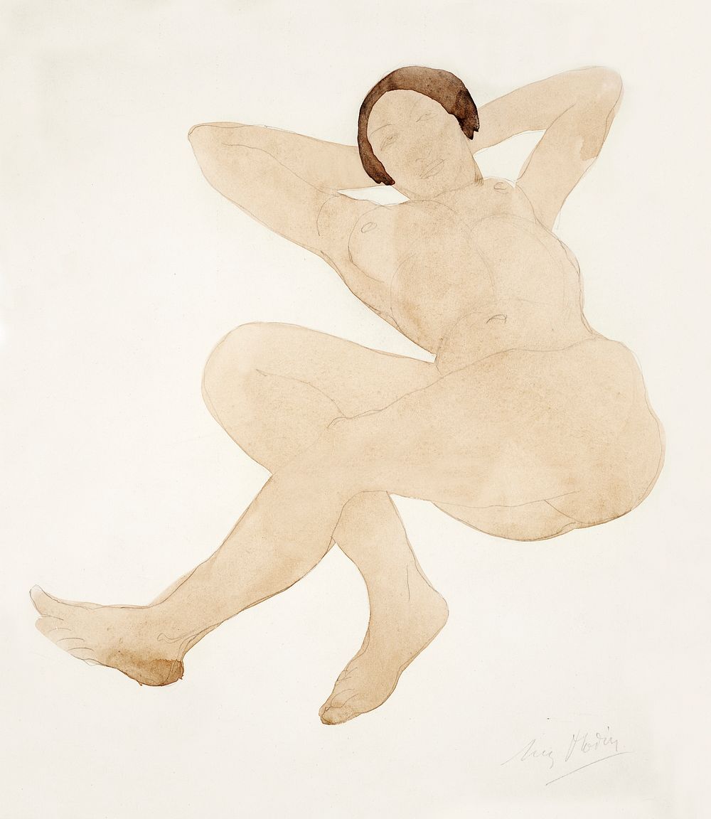 Naked woman posing sensually, vintage erotic art. Nude, reclining, hands behind head by Auguste Rodin. Original from The…